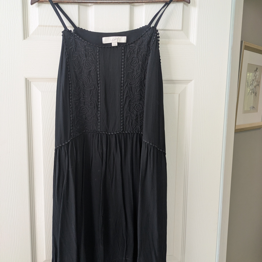 LOFT Black Midi Dress with Embroidered Detail